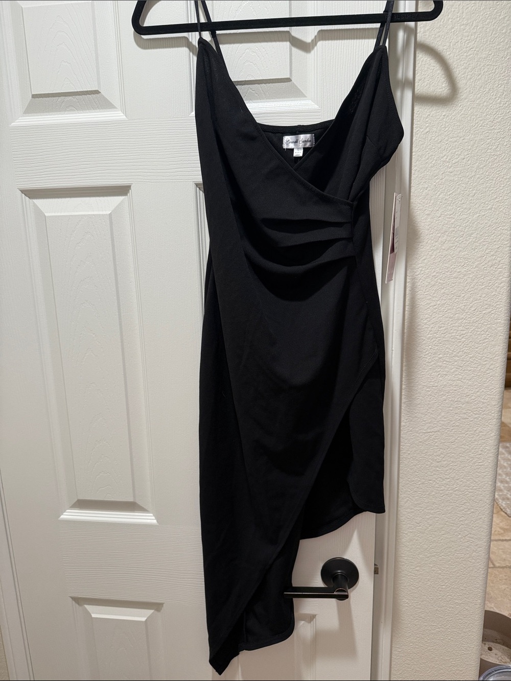 Emerald Sundae Black Asymmetrical Draped Slip Dress